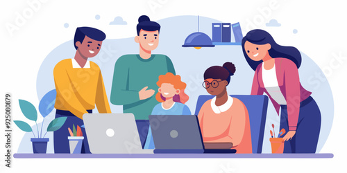 Teamwork. A team of colleagues discuss and carry out a project. Employees of the company together at the desktop
