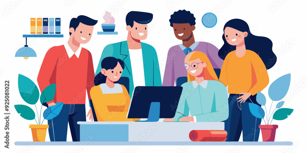 Obraz premium Teamwork. A team of colleagues discuss and carry out a project. Employees of the company together at the desktop