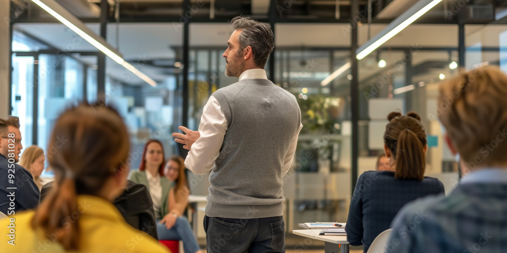 Business presentation in a modern office setting, featuring an adult man in the center, viewed from behind as he addresses an audience seated around him Business presentation in a modern office setting, featuring an adult man in the center, viewed from behind as he addresses an audience seated around him
