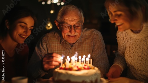 Elderly man celebrating birthday with family

