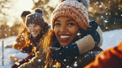 Winter holidays: friends sledding down a hill, wearing snow-covered hats, surrounded by cheerful smiles and hot chocolate.