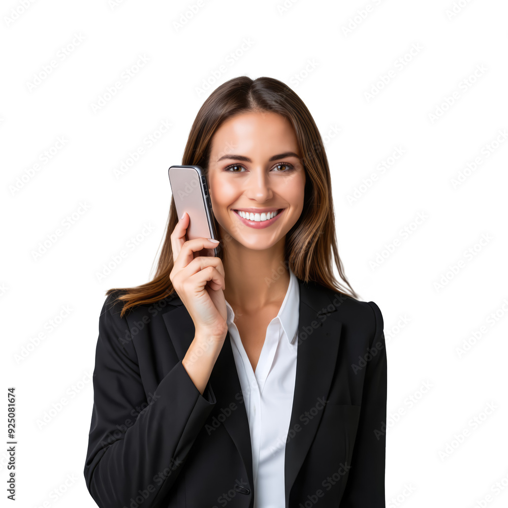 businesswoman holding phone and smiling cut out isolated on white or transparent png businesswoman holding phone and smiling cut out isolated on white or transparent png