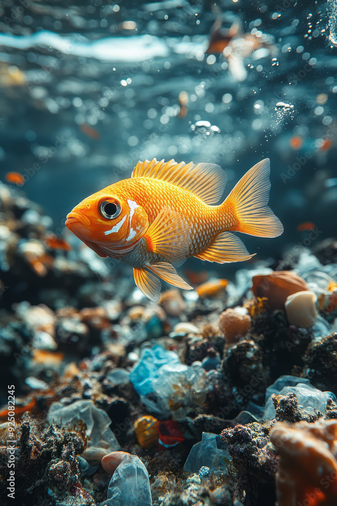 Naklejka premium A fish swimming in a coral reef surrounded by plastic waste, highlighting the impact of pollution on marine life,