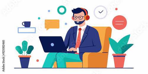 Business man works at a laptop and makes calls while sitting in a chair on a white background. Internet work. Vector illustration
