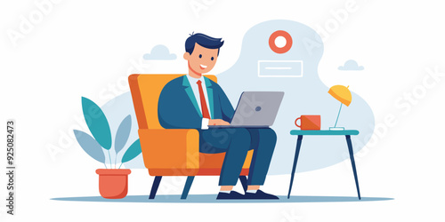 Business man works at a laptop and makes calls while sitting in a chair on a white background. Internet work. Vector illustration
