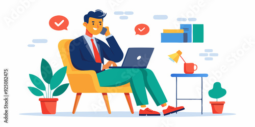Business man works at a laptop and makes calls while sitting in a chair on a white background. Internet work. Vector illustration
