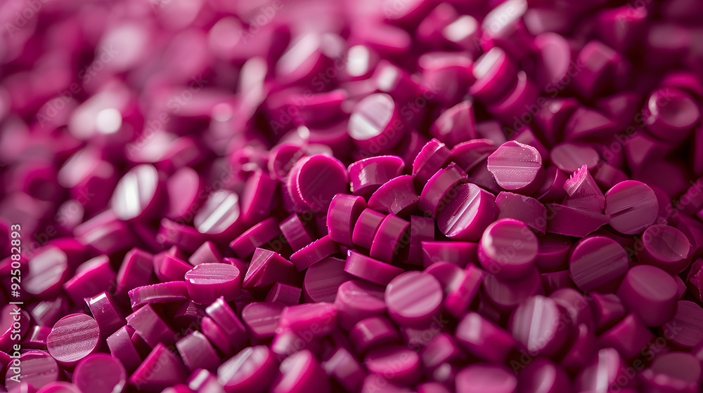 Raw magenta plastic pellets Background Close-up Plastic granules Polymer plastic beads resin polymer