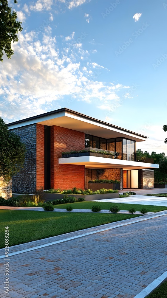 Modern House with Brick Facade and Stone Wall Modern House with Brick Facade and Stone Wall