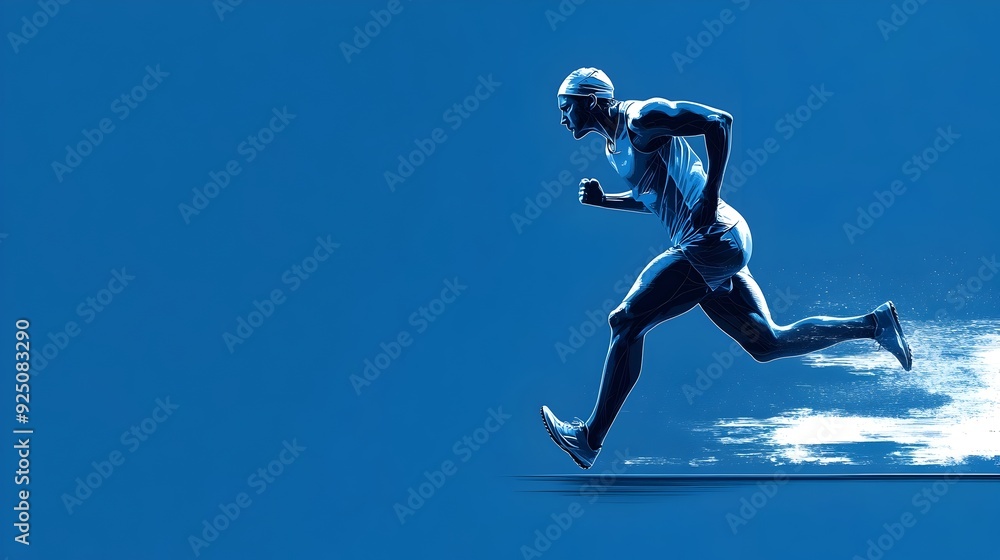 Obraz premium Powerful Silhouetted Runner on Solid Blue Backdrop with Minimal Swiss-Style Design