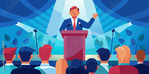 Speech by a politician or businessman at the podium in front of an audience. Speaker. Election promise, candidate for parliament
