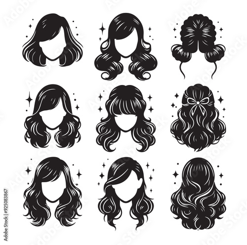 women wigs hairstyle silhouette vector illustration