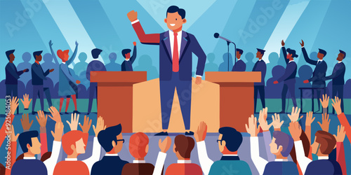 Speech by a politician or businessman at the podium in front of an audience. Speaker. Election promise, candidate for parliament
