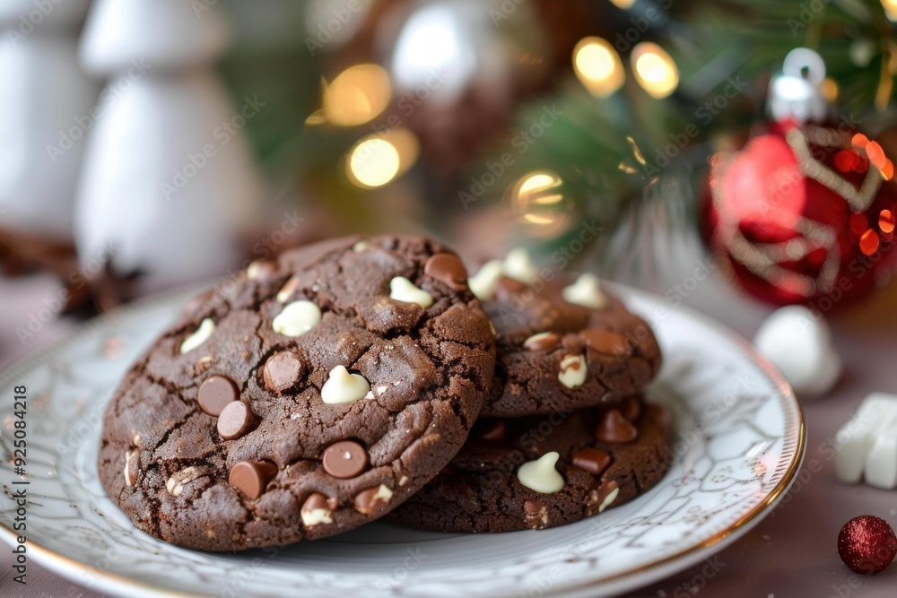 Delicious double chocolate chip cookies with christmas decorations out of focus in the background Delicious double chocolate chip cookies with christmas decorations out of focus in the background