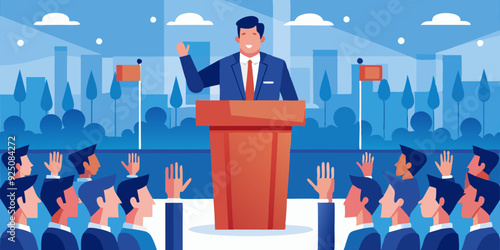 Speech by a politician or businessman at the podium in front of an audience. Speaker. Election promise, candidate for parliament
