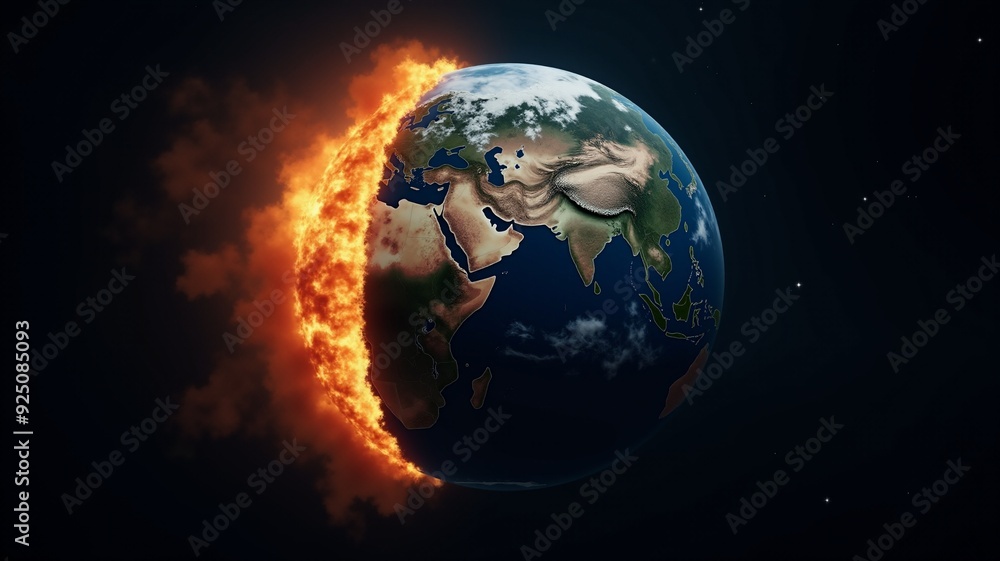 Fototapeta premium Dramatic apocalyptic image of a burning Earth from space. Continents engulfed in fire, oceans ablaze against a dark starry sky. Red and orange hues depict the intense heat and destruction.
