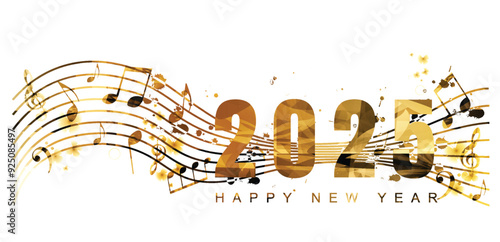 Happy 2025 New Year vector illustration. Happy New Year banner with musical notes for seasonal holiday greeting cards, flyers and party invitations	
