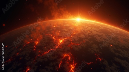 Dramatic image of a fiery planet engulfed in flames, bathed in the intense light of a blazing sun. The surface glows with molten hues, creating a sense of impending disaster and urgency. 