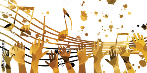 Music background with colorful musical notes staff and hands vector illustration design. Artistic music festival poster, live concert events, party flyer, music notes signs and symbols	