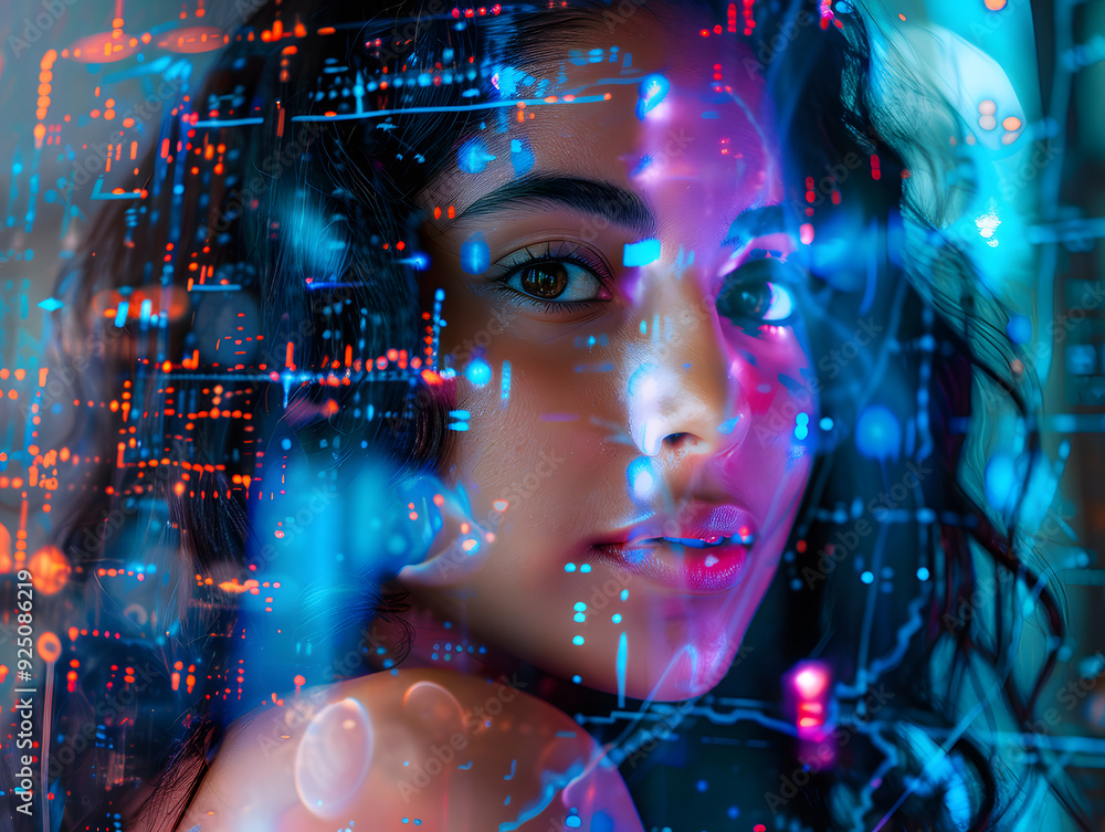 Futuristic portrait of a Latina girl or artificial intelligence face Futuristic portrait of a Latina girl or artificial intelligence face