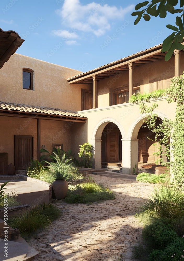 Naklejka premium Spanish Style Courtyard with Archways and Greenery