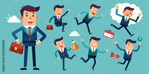 Set of character a businessman in different situations. The man is shocked, goes to work, happy and jumped
