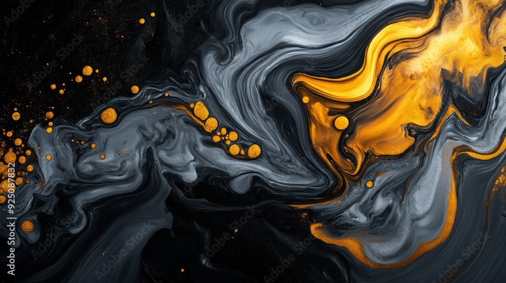 Obraz premium Golden ink flows elegantly over a dark surface, creating a stunning contrast with swirling patterns.