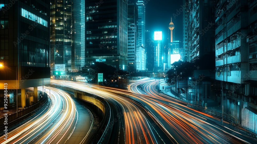 Obraz premium Night Lights: A Vibrant Cityscape in Long Exposure Photography