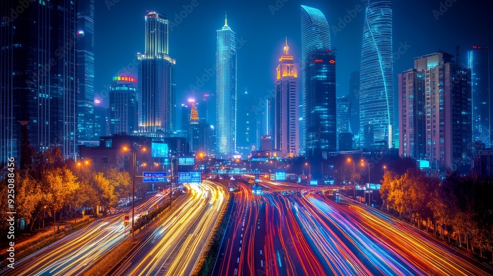 Fototapeta premium Night Lights: A Dynamic Cityscape with Long Exposure Trails