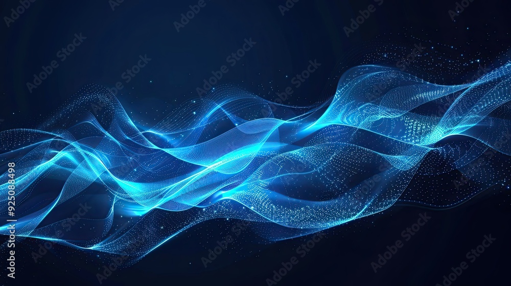 Fototapeta premium Abstract blue wave of dots and lines on dark background, digital technology concept for business or science presentation design