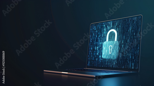 Laptop with a white lock icon made of binary code representing digital security