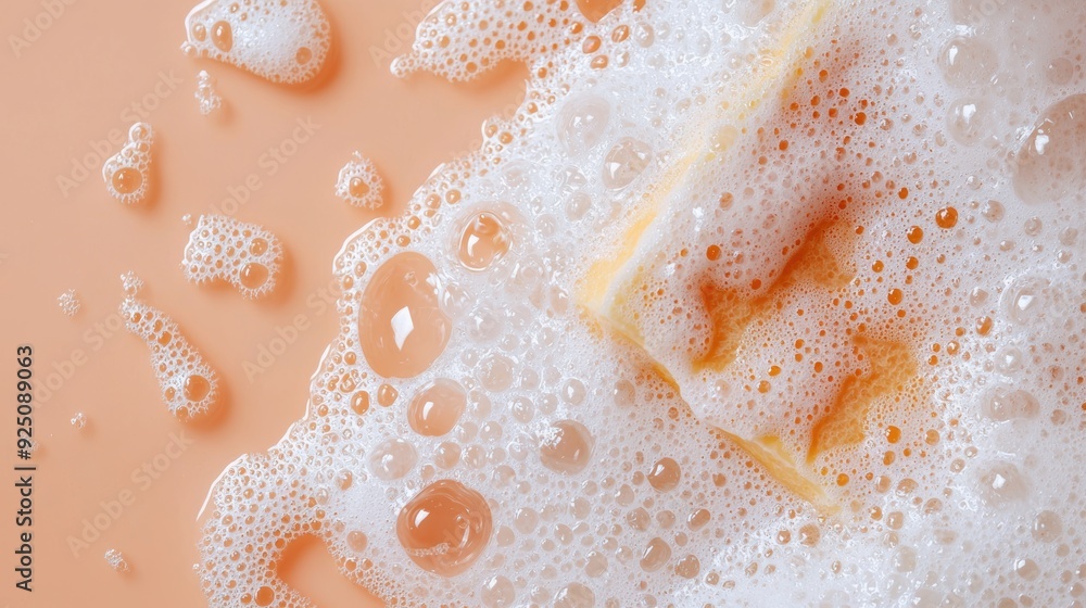 A foam bathtub with bubbles and a yellow sponge A foam bathtub with bubbles and a yellow sponge