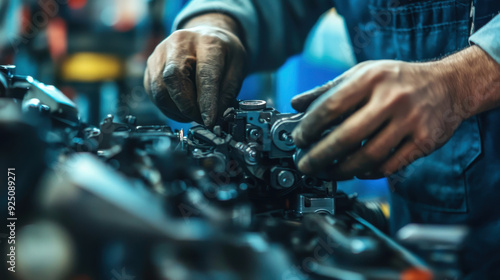 Close-up of a worker's hands assembling intricate car components