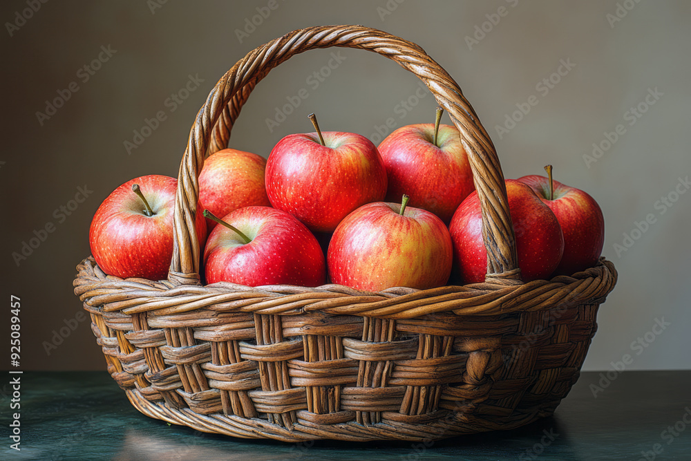 A handmade wicker basket filled with apples, isolated on a pastel beige background, representing the fruit harvest, A handmade wicker basket filled with apples, isolated on a pastel beige background, representing the fruit harvest,
