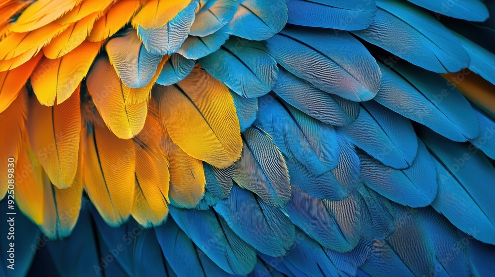Obraz premium A close up of a bird's feathers, with a mix of blue and yellow colors