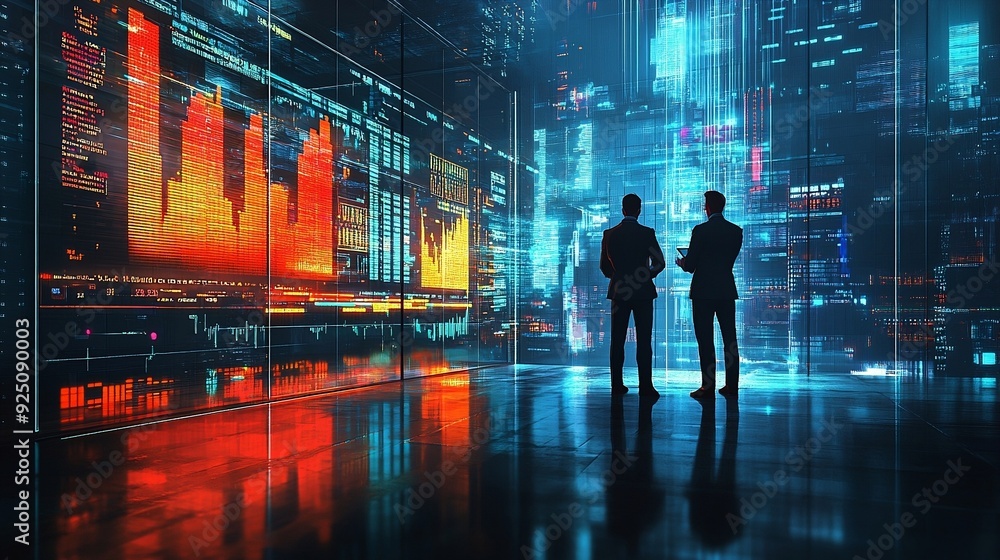 Two businessmen stand in a futuristic room, analyzing data on large, vibrant digital screens displaying financial and analytical information. Two businessmen stand in a futuristic room, analyzing data on large, vibrant digital screens displaying financial and analytical information.