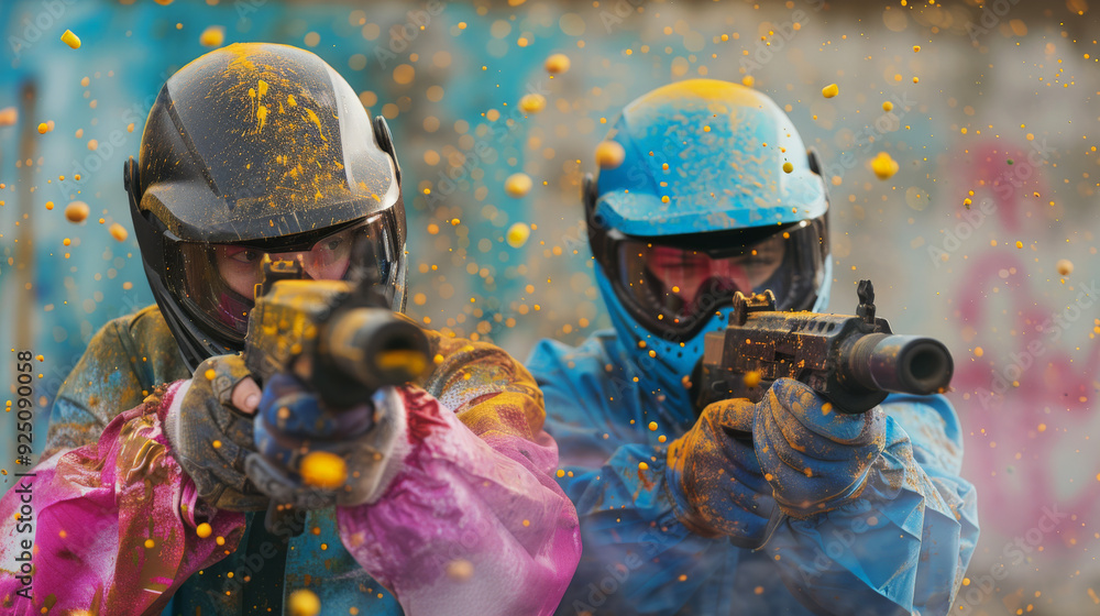 Obraz premium Paintball duo in gear, paint-splattered.