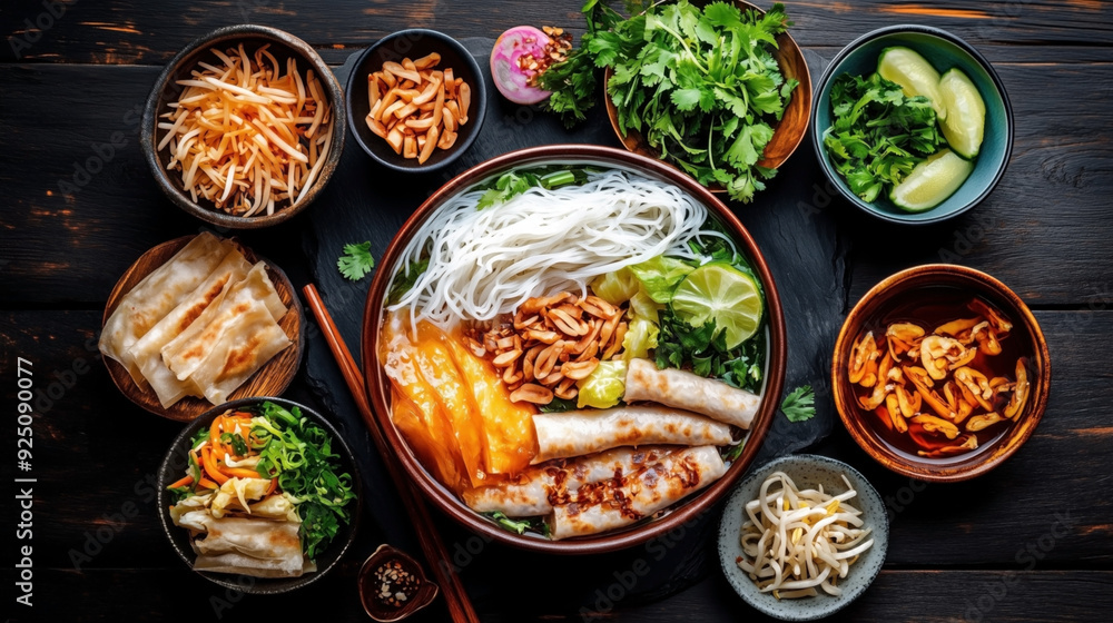 A bowl of traditional Vietnamese noodle soup with various toppings and sides on a dark wooden table. A bowl of traditional Vietnamese noodle soup with various toppings and sides on a dark wooden table.