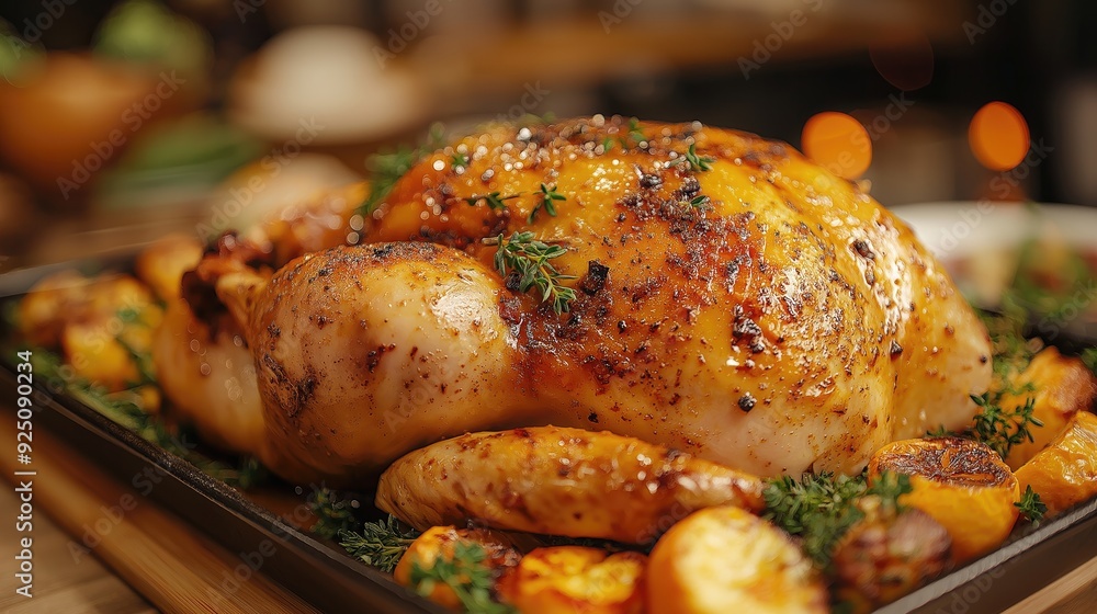 Roasted whole chicken with crispy skin and herbs, served with baked potatoes on a tray Roasted whole chicken with crispy skin and herbs, served with baked potatoes on a tray