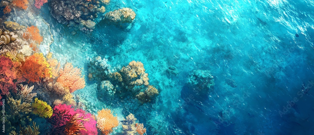 Naklejka premium Beautiful Blue Ocean with Reflections of the Sky Craft a digital illustration showcasing a breathtaking birds-eye view of a crystal-clear ocean, with colorful coral reefs visible below the surface