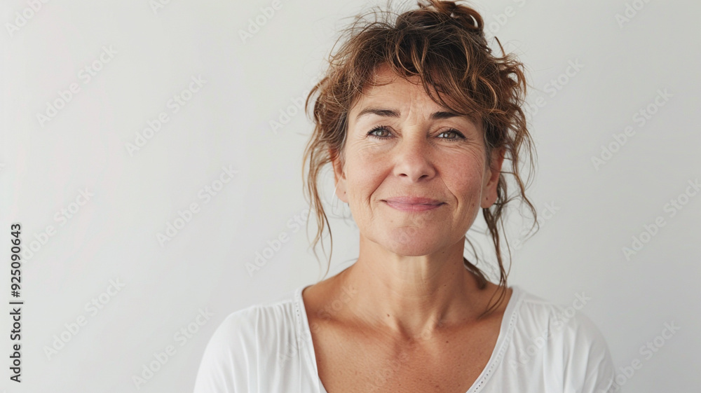 Portrait of beautiful happy middle aged woman looking at camera on white background Portrait of beautiful happy middle aged woman looking at camera on white background