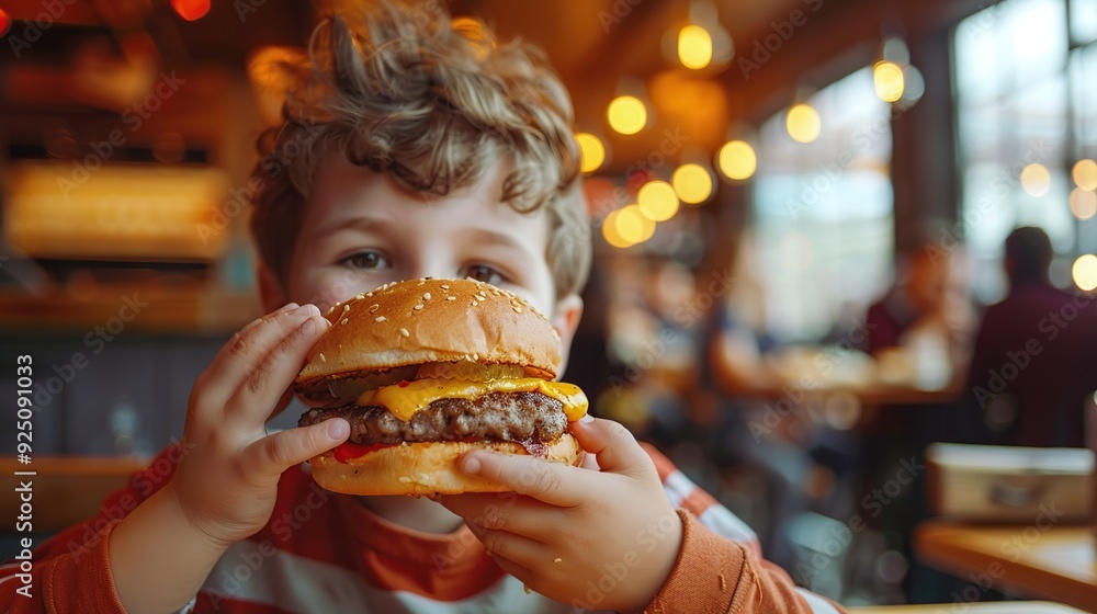 Overweight boy eating burger, blurred cafe background. copy space ftext. Overweight boy eating burger, blurred cafe background. copy space ftext.