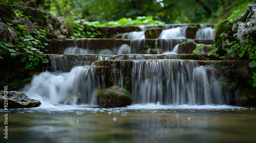 One floor of many cascade waterfall with beautiful water in a forest surrounded by plants