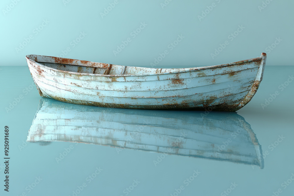 A small, rustic fishing boat, isolated on a pastel blue background, representing life on the water, A small, rustic fishing boat, isolated on a pastel blue background, representing life on the water,