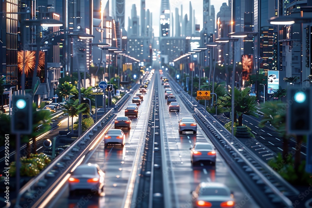 Fototapeta premium Futuristic city with autonomous cars on busy streets
