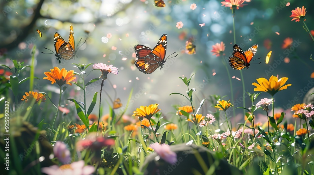 The first butterflies fluttering over a clearing with spring flowers. copy space for text. The first butterflies fluttering over a clearing with spring flowers. copy space for text.