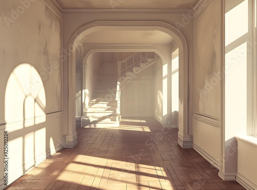 Sunbeams Through the Arched Hallway With White Staircase