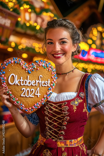 Oktoberfest Enthusiast in Traditional Attire Holding Oktoberfest 2024 Gingerbread Cookie. A cheerful woman with light skin and brown hair in festive attire holding a heart-shaped cookie at the event.
 photo