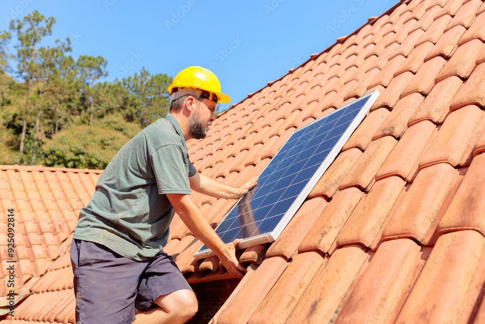 Technician installing a solar panel on a house roof, showcasing renewable energy solutions and sustainable living. Ideal for companies promoting clean energy and solar power installations Technician installing a solar panel on a house roof, showcasing renewable energy solutions and sustainable living. Ideal for companies promoting clean energy and solar power installations