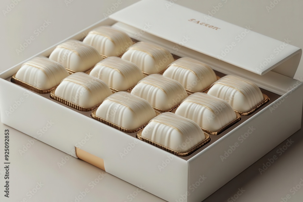 elegant 3d render of a minimalist white paper box with gold foil accents showcasing chocolate stick sachets arranged in a visually pleasing pattern elegant 3d render of a minimalist white paper box with gold foil accents showcasing chocolate stick sachets arranged in a visually pleasing pattern