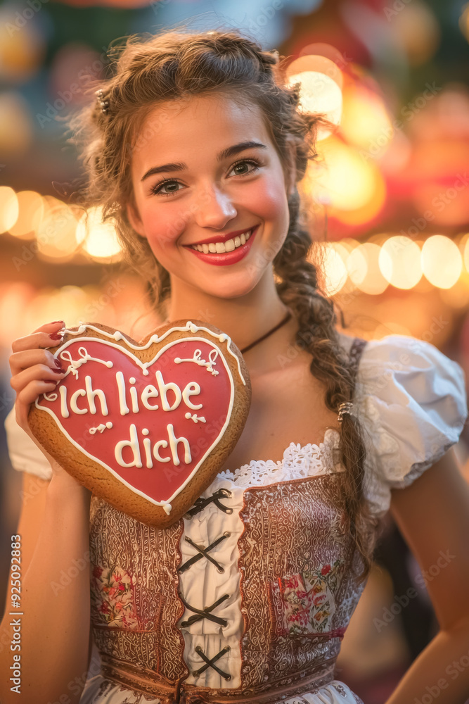 A joyful young woman with braided blonde hair and fair skin smiles while holding a gingerbread heart with A joyful young woman with braided blonde hair and fair skin smiles while holding a gingerbread heart with